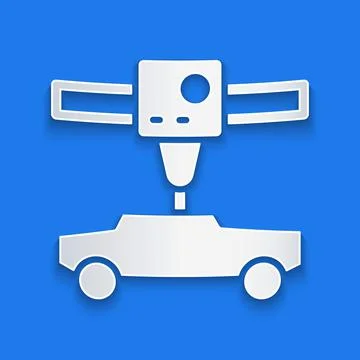 Paper cut 3D printer car icon isolated on blue background. 3d printing. Paper Stock Illustration