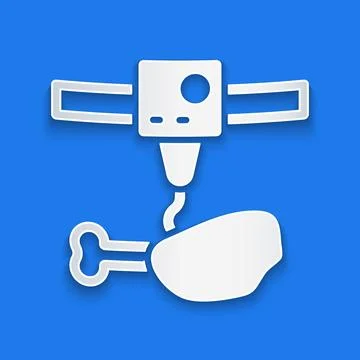 Paper cut 3D printer chicken leg icon isolated on blue background. 3d printing Stock Illustration