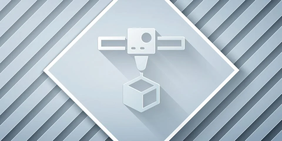 Paper cut 3D printer cube icon isolated on grey background. 3d printing. Paper Illustrazione stock