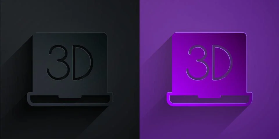 Paper cut 3D printer icon isolated on black on purple background. 3d printing Stock Illustration