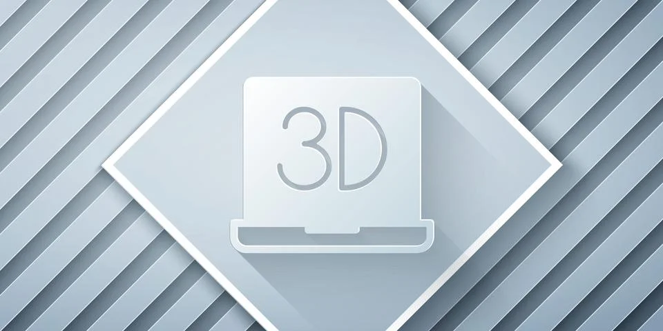 Paper cut 3D printer icon isolated on grey background. 3d printing. Paper art Illustrazione stock