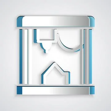 Paper cut 3D printer icon isolated on grey background. Paper art style. Vecto Stock-Illustration