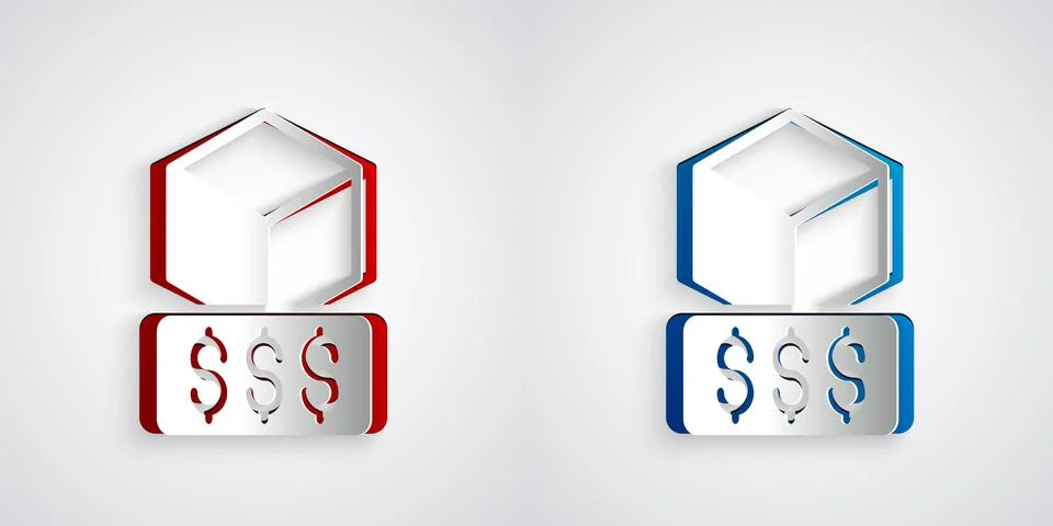 Paper cut 3D printer services icon isolated on grey background. 3d printing Illustrazione stock