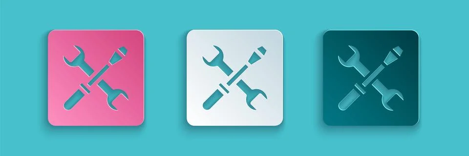 Paper cut 3D printer setting icon isolated on blue background. 3d printing Illustrazione stock