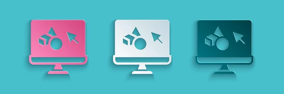 Paper cut 3D printer software icon isolated on blue background. 3d printing Illustrazione stock