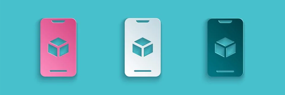 Paper cut 3D printer software icon isolated on blue background. 3d printing Stock Illustration