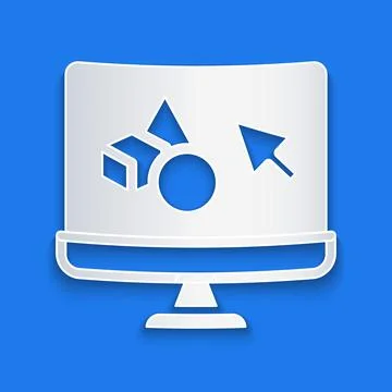 Paper cut 3D printer software icon isolated on blue background. 3d printing Stock Illustration