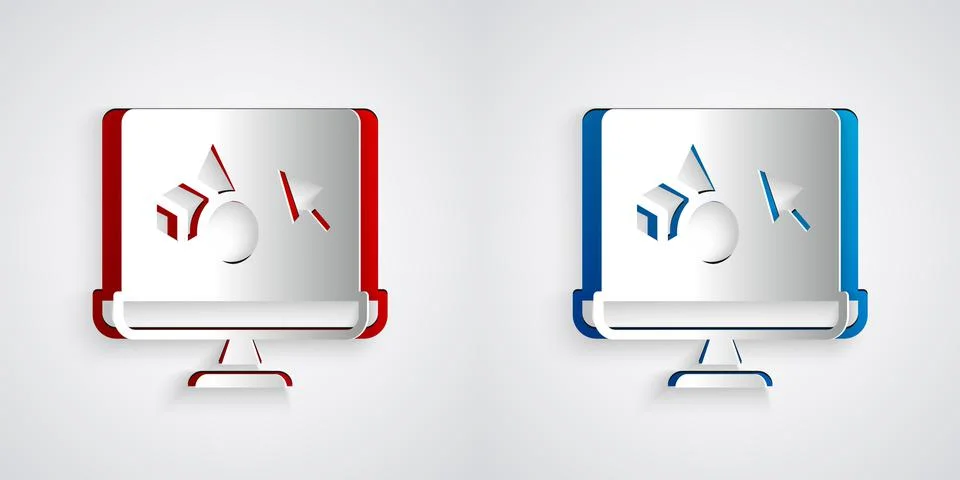 Paper cut 3D printer software icon isolated on grey background. 3d printing Stock Illustration