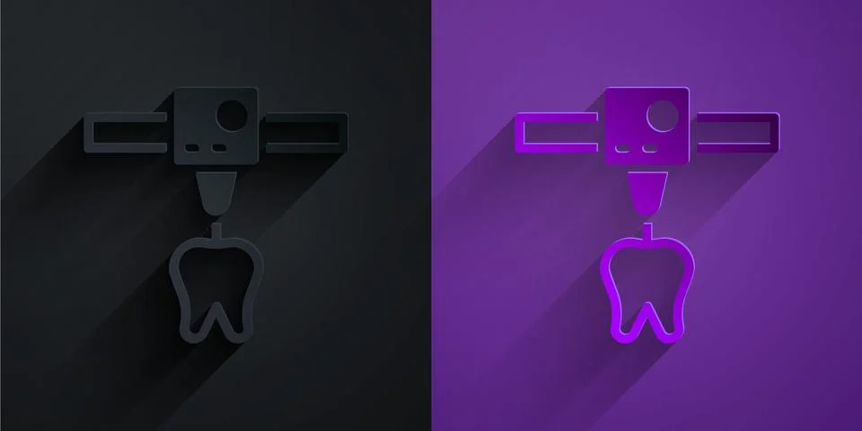 Paper cut 3D printer tooth icon isolated on black on purple background. 3d Stock Illustration