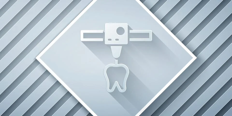 Paper cut 3D printer tooth icon isolated on grey background. 3d printing. Pap Stock Illustration