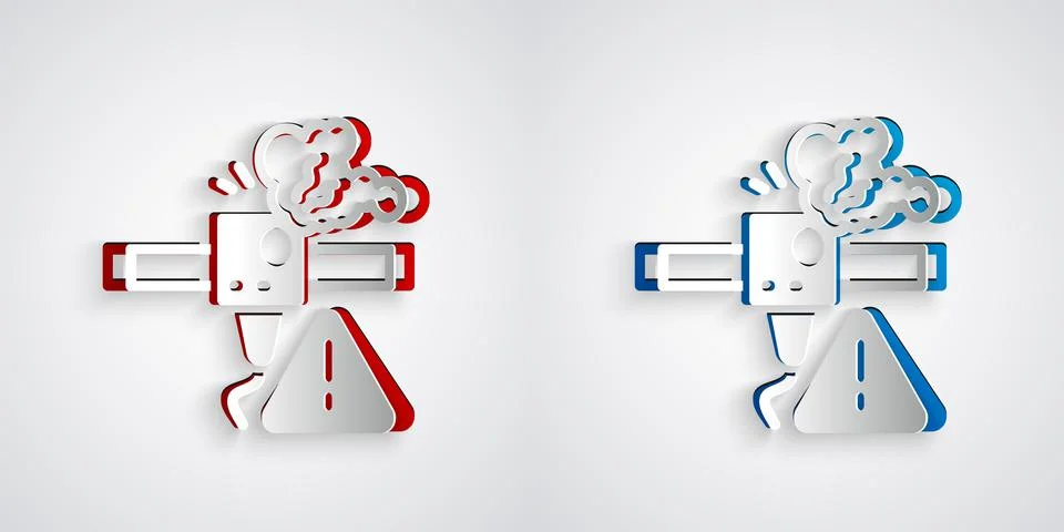 Paper cut 3D printer warning icon isolated on grey background. 3d printing Stock Illustration