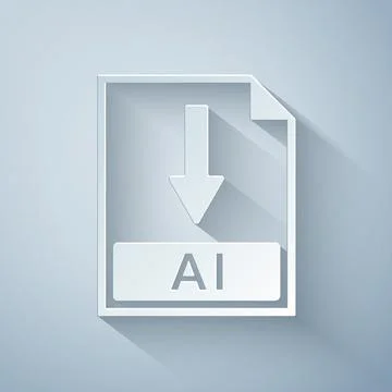 Paper cut AI file document icon. Download AI button icon isolated on grey 스톡 일러스트