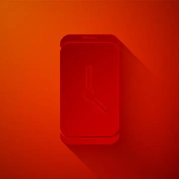 Paper cut Alarm clock app smartphone interface icon isolated on red background Stock Illustration