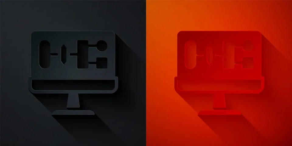 Paper cut Algorithm icon isolated on black and red background. Algorithm symbol Stock Illustration