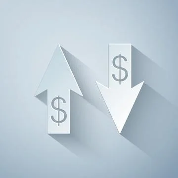 Paper cut Up and Down arrows with dollar symbol icon isolated on grey background Stock Illustration