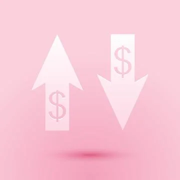 Paper cut Up and Down arrows with dollar symbol icon isolated on pink backg.. Stock Illustration