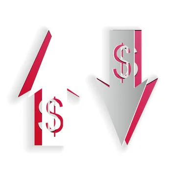 Paper cut Up and Down arrows with dollar symbol icon isolated on white Stock Illustration