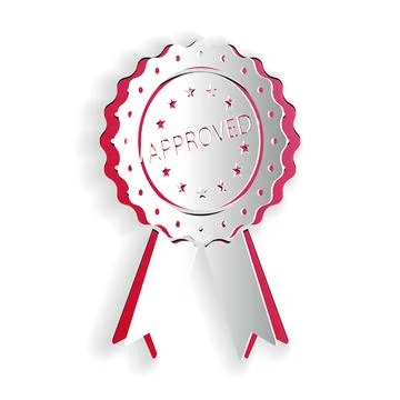 Paper cut Approved or certified medal badge with ribbons icon isolated on white Stock Illustration