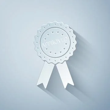 Paper cut Approved or certified medal badge with ribbons icon isolated on grey Stock Illustration