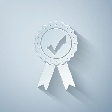Paper cut Approved or certified medal with ribbons and check mark icon isolated Stock Illustration