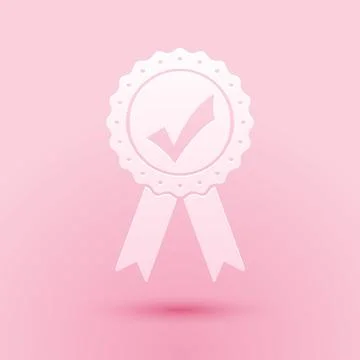 Paper cut Approved or certified medal with ribbons and check mark icon isolated Stock Illustration