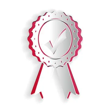 Paper cut Approved or certified medal with ribbons and check mark icon isolated Stock Illustration