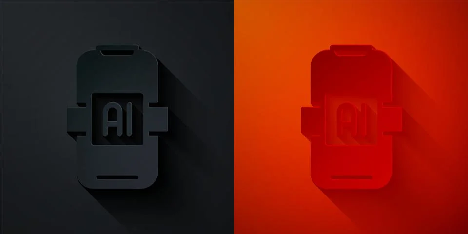 Paper cut Artificial intelligence AI icon isolated on black and red background Illustrazione stock