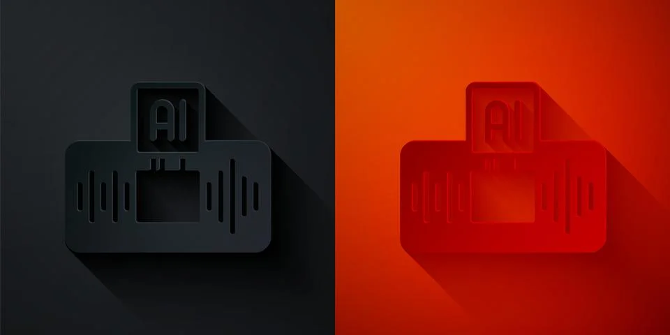 Paper cut Artificial intelligence AI icon isolated on black and red background Illustrazione stock