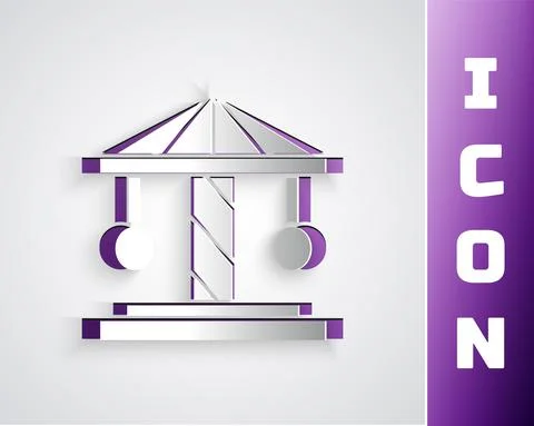 Paper cut Attraction carousel icon isolated on grey background. Amusement park Illustrazione stock