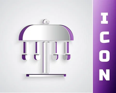 Paper cut Attraction carousel icon isolated on grey background. Amusement park Illustrazione stock
