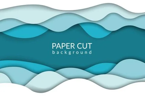 Paper cut background. Blue river wave papercut trendy design. origami ocean w Stock Illustration