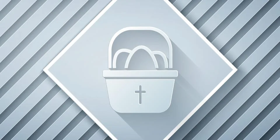 Paper cut Basket with easter eggs icon isolated on grey background. Happy Eas Stock Illustration