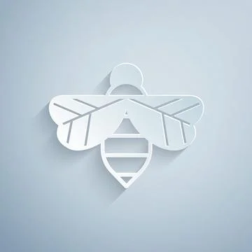 Paper cut Bee icon isolated on grey background. Sweet natural food. Honeybee or Stock Illustration