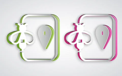 Paper cut Bee location map pin pointer icon isolated on grey background. Farm Stock Illustration