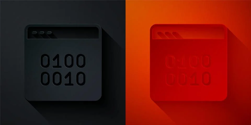 Paper cut Binary code icon isolated on black and red background. Paper art style 스톡 일러스트