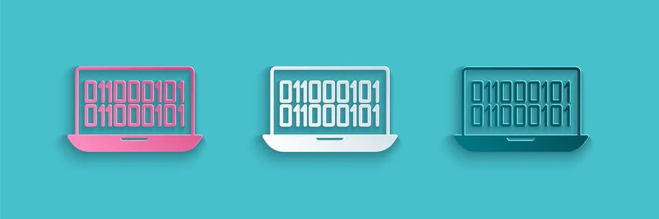 Paper cut Binary code icon isolated on blue background. Paper art style. Vector イラスト素材