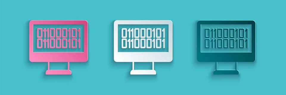 Paper cut Binary code icon isolated on blue background. Paper art style. Vector Stock Illustration