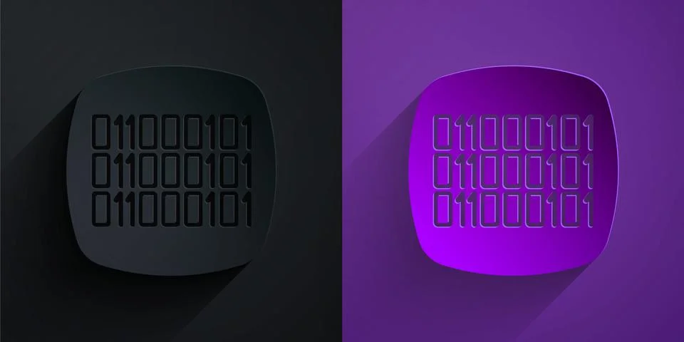 Paper cut Binary code icon isolated on black on purple background. Paper art 스톡 일러스트