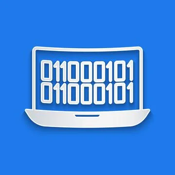 Paper cut Binary code icon isolated on blue background. Paper art style. Vector 库存插图