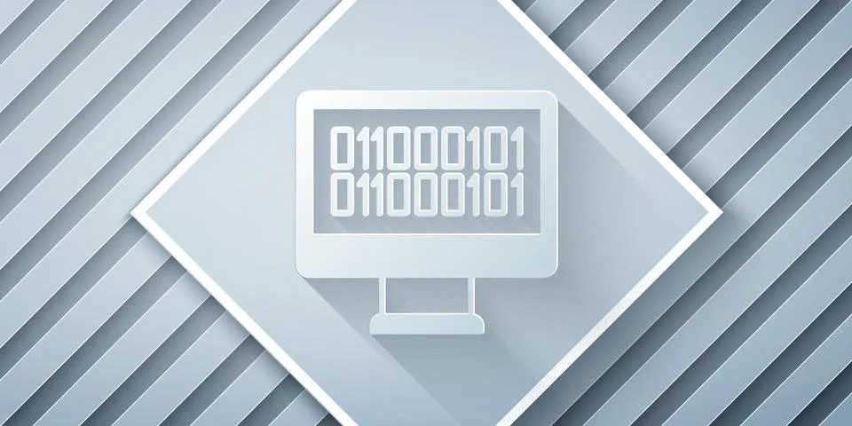 Paper cut Binary code icon isolated on grey background. Paper art style. Vector Stock Illustration