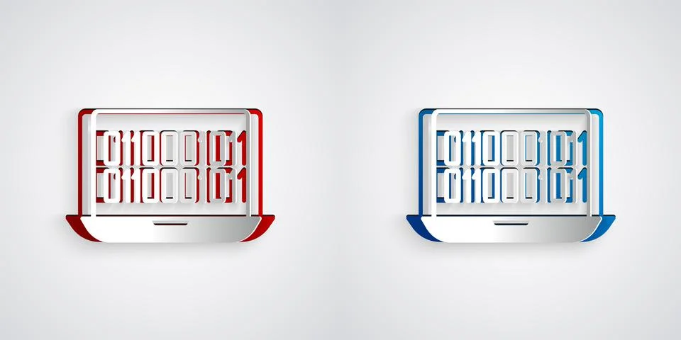 Paper cut Binary code icon isolated on grey background. Paper art style. Vector Stock Illustration