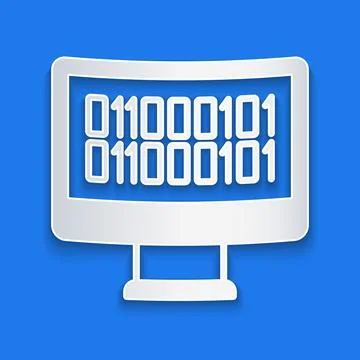 Paper cut Binary code icon isolated on blue background. Paper art style. Vector Stock Illustration