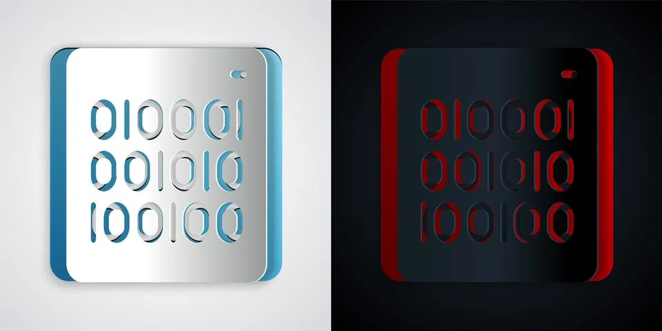 Paper cut Binary code icon isolated on grey and black background. Paper art Stock Illustration