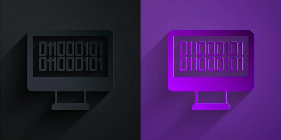 Paper cut Binary code icon isolated on black on purple background. Paper art Stock Illustration