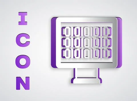 Paper cut Binary code icon isolated on grey background. Paper art style. Vect Stock Illustration