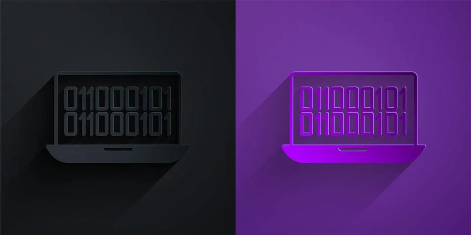 Paper cut Binary code icon isolated on black on purple background. Paper ar.. Stock Illustration