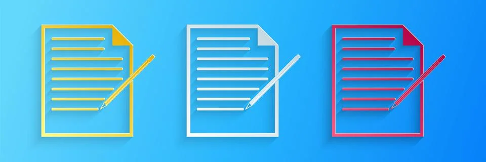 Paper cut Blank notebook and pencil with eraser icon isolated on blue background Stock Illustration