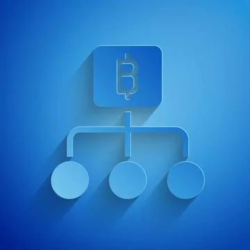 Paper cut Blockchain technology Bitcoin icon isolated on blue background Illustrazione stock