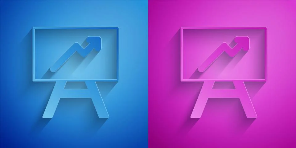 Paper cut Board with graph chart icon isolated on blue and purple background Illustrazione stock