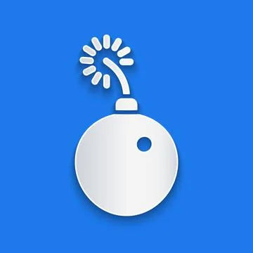 Paper cut Bomb ready to explode icon isolated on blue background. Paper art 库存插图